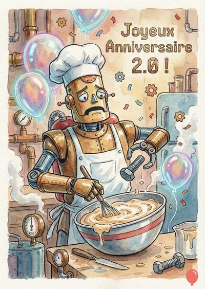 Robot cuisinier en tablier blanc et toque, mélangeant une pâte dans un saladier. Détails mécaniques rouillés dans un style aquarelle, avec des ballons et des confettis. La phrase « Joyeux Anniversaire 2.0 ! » est visible.