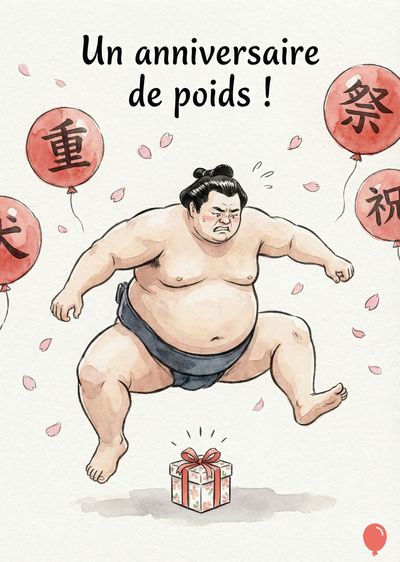 Un lutteur sumo saute sur un cadeau. Autour, des ballons rouges avec des lettres japonaises et des pétales roses. Le titre est «Un anniversaire de poids !». Style aquarelle.