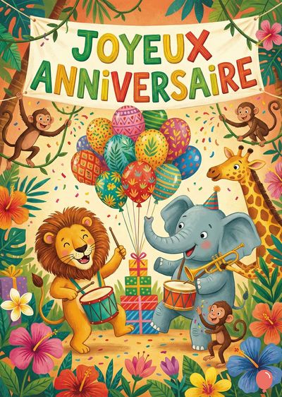 Une jungle avec animaux festifs. Un lion joue de la batterie, un éléphant de la trompette. Girafes, singes et ballons multicolores. Une banderole avec « JOYEUX ANNIVERSAIRE ». Style enfantin avec couleurs vives. Fleurs et cadeaux.