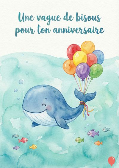 Une baleine bleue souriante entre des poissons, tenant des ballons multicolores. En haut, une phrase manuscrite: « Une vague de bisous pour ton anniversaire ». Style aquarelle.
