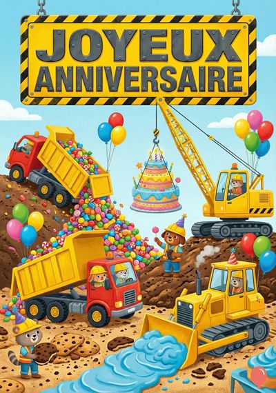 Un faire-part de fête d’anniversaire coloré. Une pancarte « JOYEUX ANNIVERSAIRE » jaune. Camions rouges et jaunes déversant des bonbons. Une grue transporte un gâteau. Pelles mécaniques et ballons. Personnages oursons constructeurs.
