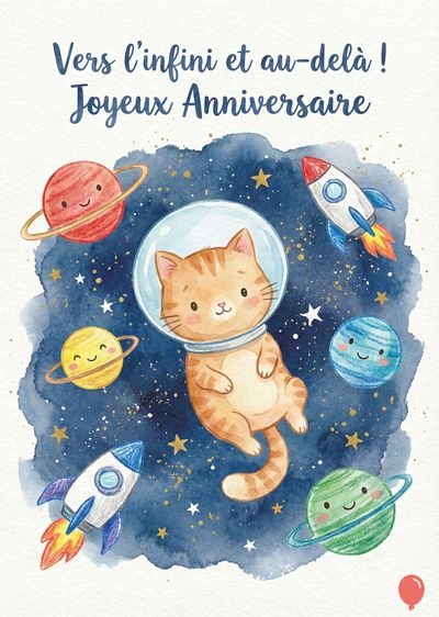 Une carte de voeux aquarelle. Un chat roux avec casque spatial flotte au milieu d’étoiles et de planètes souriantes. Fusées et planètes multicolores. Titre: « Vers l’infini et au-delà ! Joyeux Anniversaire ».