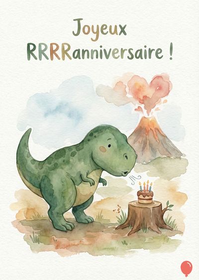 Carte d’anniversaire aquarelle. Un dinosaure vert souffle sur un gâteau. Un volcan en éruption et des nuages complètent la composition. Légende : « Joyeux RRRRanniversaire! » Une illustration d'un ballon rouge au bas.