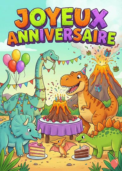 Composition colorée. Dinosaure, gâteau et volcan. « JOYEUX ANNIVERSAIRE » en haut. Diplodocus portant guirlande et ballons. T-Rex et Tricératops autour du gâteau. Ptéranodon et stégosaure. Volcan en éruption.