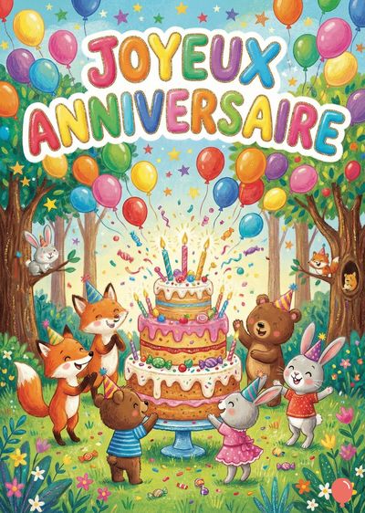 Scène colorée avec gâteau à trois étages, animaux festifs et ballons. Dans le ciel, l’inscription « JOYEUX ANNIVERSAIRE » en lettres multicolores. Animaux : renards, ours et lapins. Herbe et arbres complètent.