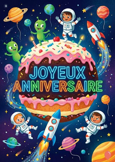 Un gâteau spatial avec glaçage rose et inscription « JOYEUX ANNIVERSAIRE ». Des astronautes, des extraterrestres, des fusées et des planètes flottent dans un ciel étoilé. Ballons en forme de planètes.