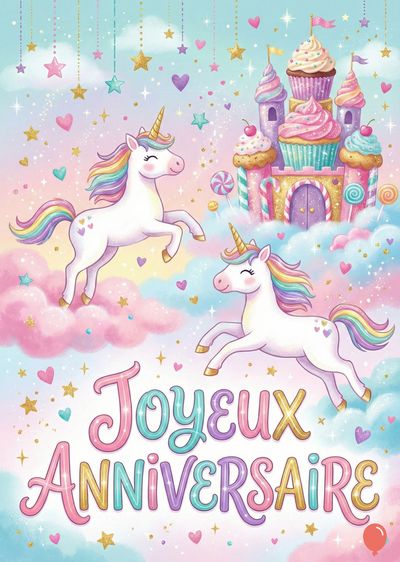 Deux licornes blanches au pelage arc-en-ciel sautent devant un château de cupcakes rose. Des cœurs, étoiles et sucettes décorent le ciel pastel. « Joyeux Anniversaire » en lettres colorées en bas.