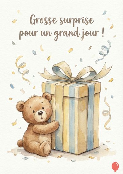 Un ours en peluche marron câline une boîte cadeau jaune et bleu clair sur un aplat blanc. Une inscription manuscrite dit « Grosse surprise pour un grand jour ! ». Confettis et serpentins ornent la scène.