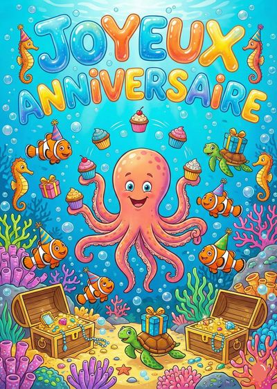 Composition aquatique avec un poulpe rose tenant des cupcakes, entouré de poissons clowns, hippocampes, et une tortue. Trésors et une inscription « JOYEUX ANNIVERSAIRE » en lettres multicolores sur un milieu marin bleu. Style enfantin et coloré.