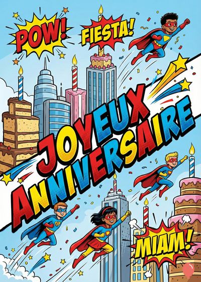 Des gratte-ciels en forme de gâteaux et de bâtiments. Des super-héros volent. Les onomatopées « POW! », « FIESTA! » et « MIAM! ». Le message principal est « JOYEUX ANNIVERSAIRE ». Style bande-dessinée.