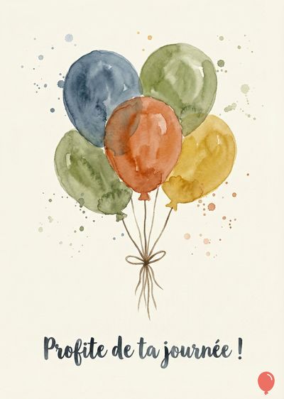Cinq ballons aquarelle aux couleurs bleue, verte, orange et jaune, attachés par un nœud brun.  Au bas, « Profite de ta journée ! » écrit en noir. Style : aquarelle sur papier crème.