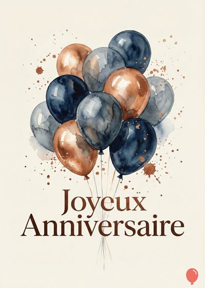 Montgolfières aquarelle, bleues, grises et bronze. Éclaboussures de peinture dorée. « Joyeux Anniversaire » en marron foncé. Ballons rouges en bas à droite. Style artistique.