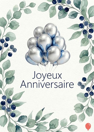 Carte d'anniversaire verticale avec une couronne de feuilles vertes et baies bleues. Un bouquet de ballons argentés est au centre, surmontant « Joyeux Anniversaire » en bleu marine. Style aquarelle.