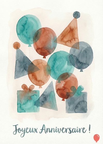 Aquarelle de ballons, chapeaux de fête et cadeaux aux teintes turquoise, rouille et bleu sur papier clair. Inscription manuscrite « Joyeux Anniversaire ! » en bas. Un ballon rouge.