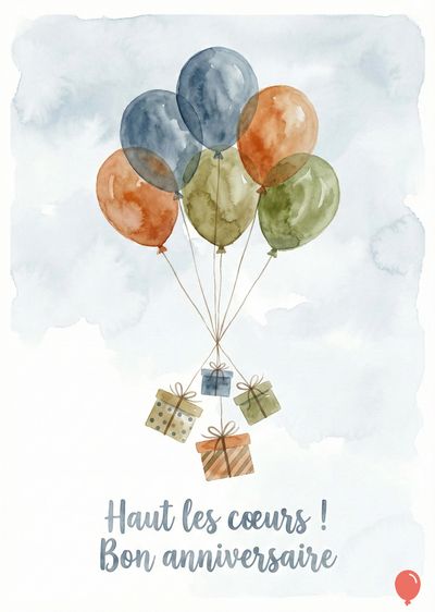 Aquarelle de ballons aux couleurs variées, attachés à des cadeaux. « Haut les cœurs ! Bon anniversaire » écrit en dessous, dans un ciel bleu pâle. Style doux et léger.