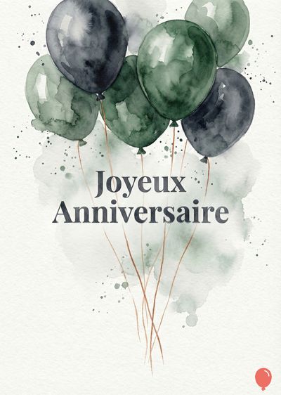Plusieurs ballons aquarelle aux tons verts et bleus, attachés par des ficelles marron. Ils flottent devant une tache aquarelle grise et le message « Joyeux Anniversaire ».