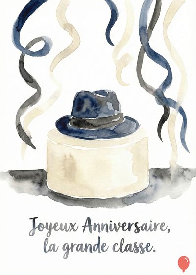 Gâteau blanc surmonté d’un chapeau bleu, entouré de serpentins flottants bleu, noir et beige. En bas du visuel, apparaît la phrase « Joyeux Anniversaire, la grande classe. » dans une typographie manuscrite.