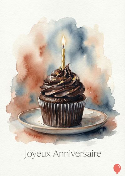 Cupcake au chocolat sur assiette. Bougie allumée. Arrière-plan aquarelle marron, bleu et blanc. « Joyeux Anniversaire » en bas. Style artistique avec détails dorés.
