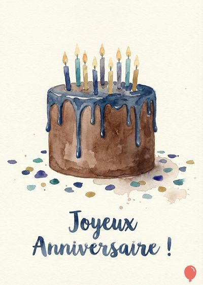 Gâteau rond marron avec glaçage bleu dégoulinant. Bougies allumées. Confettis colorés et écriture manuscrite « Joyeux Anniversaire ! » en bleu. Style aquarelle, sur un aplat crème.