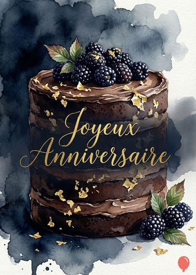 Gâteau chocolat à l’aquarelle, mûres et feuilles. Inscriptions dorées « Joyeux Anniversaire ». La composition utilise des tons de bleu, marron, or et noir. Style artistique.