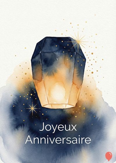 Aquarelle d’une lanterne céleste. Couleurs dominantes : bleu nuit, orange clair et touches dorées. Étoiles et points dorés épars. Inscription blanche : « Joyeux Anniversaire ». Style doux et flou.
