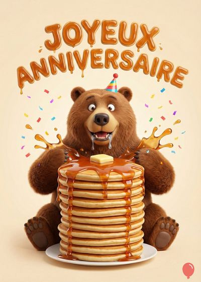 Un ours brun souriant porte un chapeau de fête, devant un tas de crêpes avec du sirop et du beurre, avec le message « JOYEUX ANNIVERSAIRE ». Présence de confettis multicolores.
