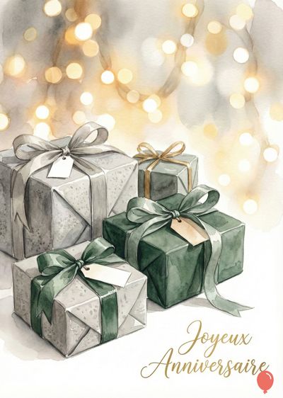 Aquarelle de cadeaux emballés avec rubans gris et verts. Chaîne lumineuse floue en haut. Écriture dorée « Joyeux Anniversaire ». Style artistique doux et clair.
