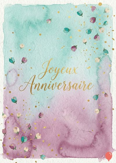 Carte de vœux aquarelle divisée en deux zones, turquoise et rose. Petites fleurs et paillettes dorées. Typographie dorée « Joyeux Anniversaire ». Style artistique, texturé.