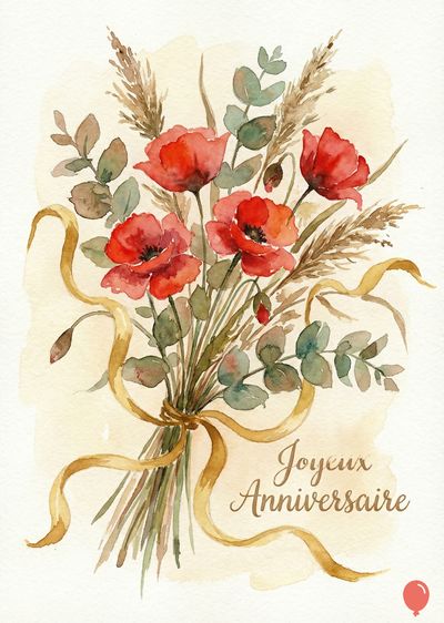 Aquarelle d’un bouquet de coquelicots rouges, de graminées beiges et de feuilles vertes, noué par un ruban doré.  « Joyeux Anniversaire » écrit en cursive brune. Style artistique, tons clairs.