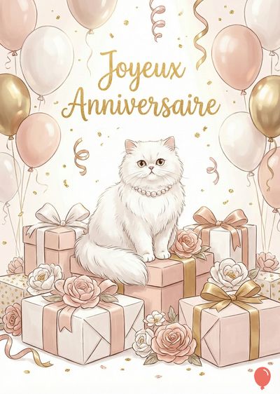 Une composition douce avec un chat blanc, une guirlande de perles, sur des cadeaux roses, des ballons aux couleurs pastel, des roses et des confettis dorés. Le message est « Joyeux Anniversaire » en lettres dorées.