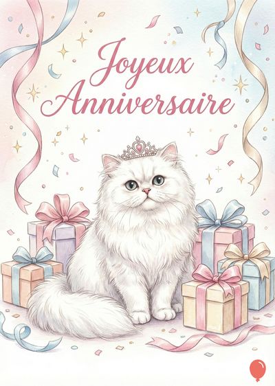 Un chat persan blanc orné d’une couronne, entouré de cadeaux et de rubans pastel, avec l’inscription « Joyeux Anniversaire » en rose cursive, style aquarelle.