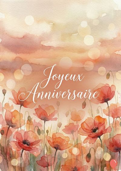 Aquarelle de coquelicots orange et rouges. Ciel orangé avec des lumières floues. Calligraphie blanche « Joyeux Anniversaire ». Style doux et vaporeux.