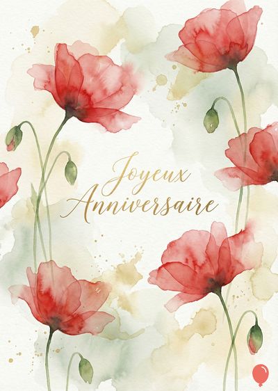 Aquarelle de coquelicots rouges stylisés, sur tiges vertes, avec des boutons verts. Taches de couleur jaune et verte. Typographie dorée « Joyeux Anniversaire » en cursive.