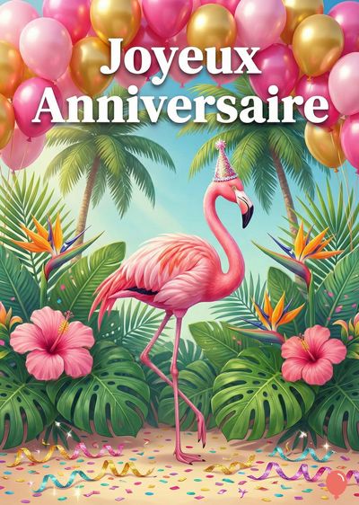 Un flamant rose coiffé d’un chapeau festif devant des plantes tropicales, des fleurs roses, et des palmiers. Des ballons roses et dorés flottent. On lit « Joyeux Anniversaire » en blanc.