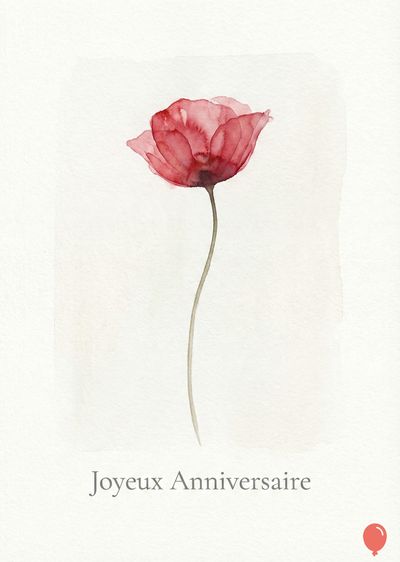 Aquarelle d'une fleur rouge transparente avec une tige verte incurvée. En bas, le message « Joyeux Anniversaire » en gris, ainsi qu’un ballon rouge. L’ensemble est sur un aplat blanc.