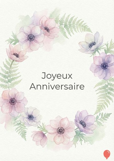 Aquarelle d’une couronne florale, composée de fleurs roses et violettes et de feuilles vertes, encadrant un message « Joyeux Anniversaire ». Style doux avec un rendu texturé.
