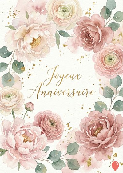 Aquarelle florale, composition circulaire. Fleurs roses et blanches, feuilles vertes. Sprays dorés épars. Ecriture dorée au centre : « Joyeux Anniversaire ». Style doux, délicat.