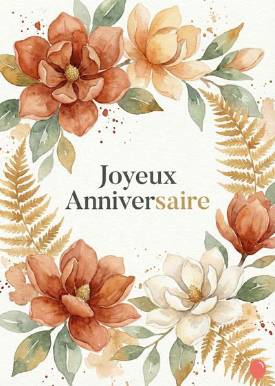 Carte d'anniversaire florale. Couleurs : orangé, brun, vert et beige. Plusieurs fleurs et feuilles forment une couronne autour du message « Joyeux Anniversaire » en noir et or. Style aquarelle.