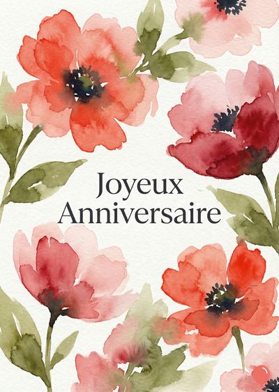 Aquarelle de fleurs rouges et roses sur une surface blanche. Les fleurs entourent un message « Joyeux Anniversaire » en noir. Les feuilles sont vertes et détaillées.