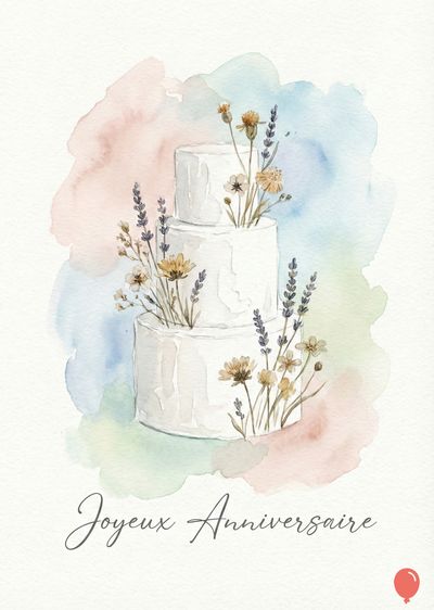 Gâteau à trois niveaux, blanc, décoré de fleurs jaunes et lavande.  Aquarelle avec touches roses, bleues et vertes.  La mention « Joyeux Anniversaire » apparaît en bas. Un ballon rouge est en bas à droite.