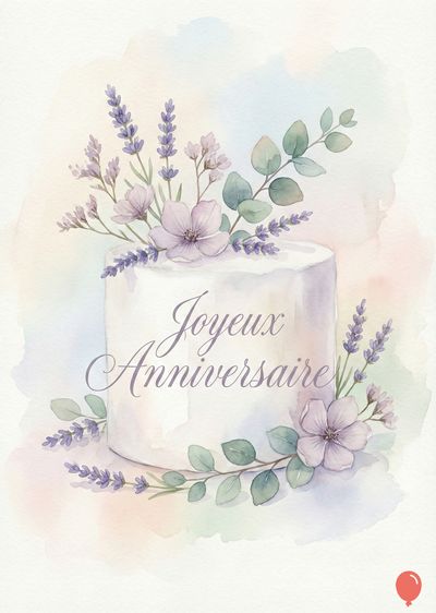 Gâteau rond blanc orné de lavande, de fleurs mauves et de feuilles vertes.  L'inscription calligraphiée « Joyeux Anniversaire » est visible sur le gâteau.  Aquarelle, tons pastel.