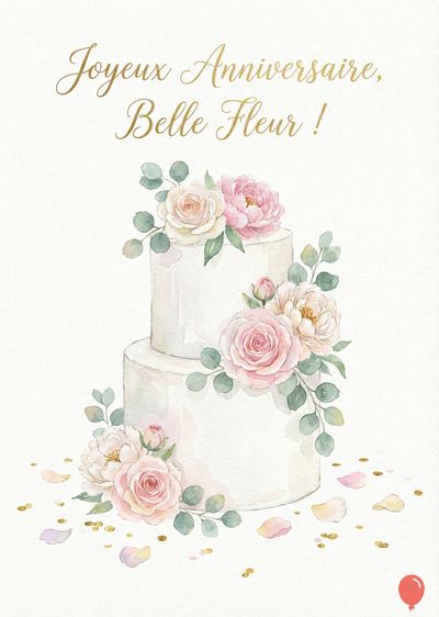 Un gâteau blanc sur deux niveaux, orné de roses roses, blanc cassé et de feuilles vertes, et de pétales roses. Au-dessus, « Joyeux Anniversaire, Belle Fleur ! » en lettres dorées. Le tout sur un support blanc.