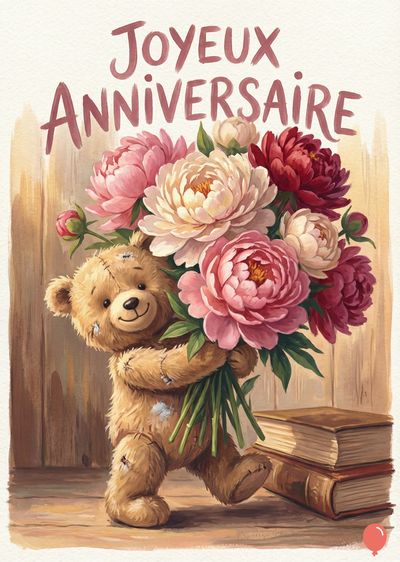 Un ours en peluche marron porte un bouquet de pivoines roses, rouge et blanches. Titre « Joyeux Anniversaire » en rose clair. Deux livres bruns sur une étagère en bois. Style aquarelle.