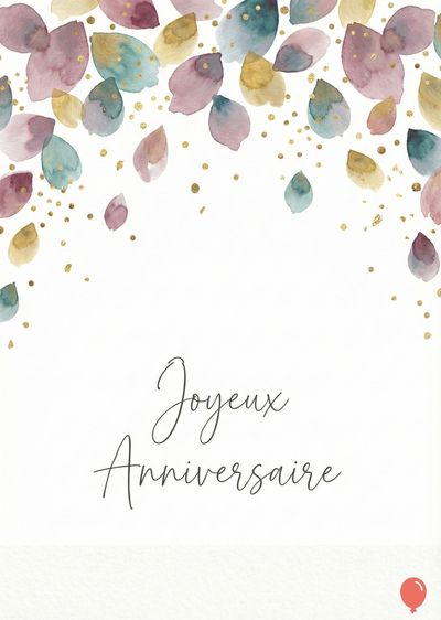 Carte de vœux avec des pétales aquarelles multicolores et des points dorés sur un aplat blanc. Le texte « Joyeux Anniversaire » est écrit en cursive noire. En bas à droite un ballon rouge.