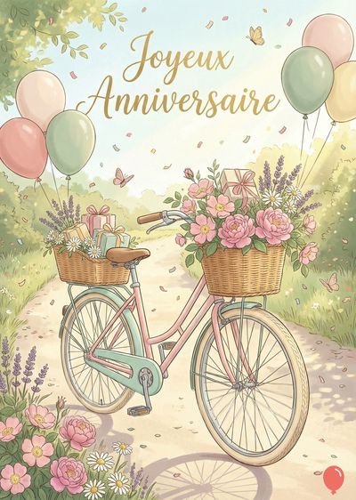 Vélo rose et menthe au panier fleuri, ballons, confettis, papillons. Chemin boisé. Inscription dorée « Joyeux Anniversaire ». Style aquarelle, teintes pastel.