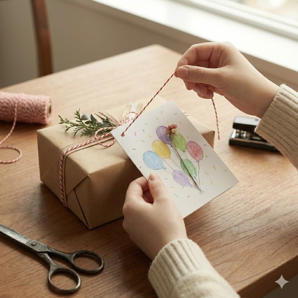 Birthday card converted into a gift tag with ribbon