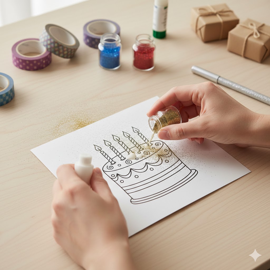 Birthday card with glitter details on candle flames