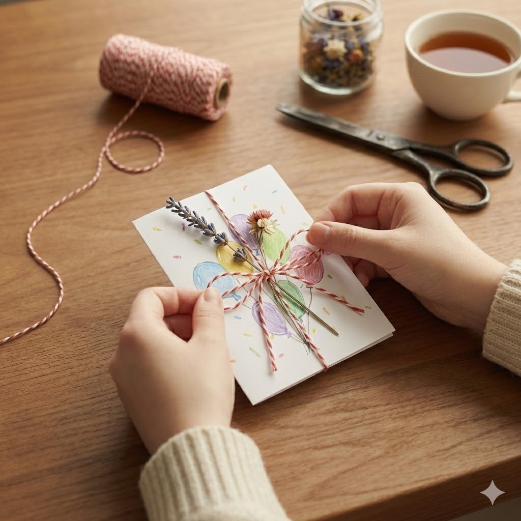 Birthday card wrapped with baker's twine and a decorative bow