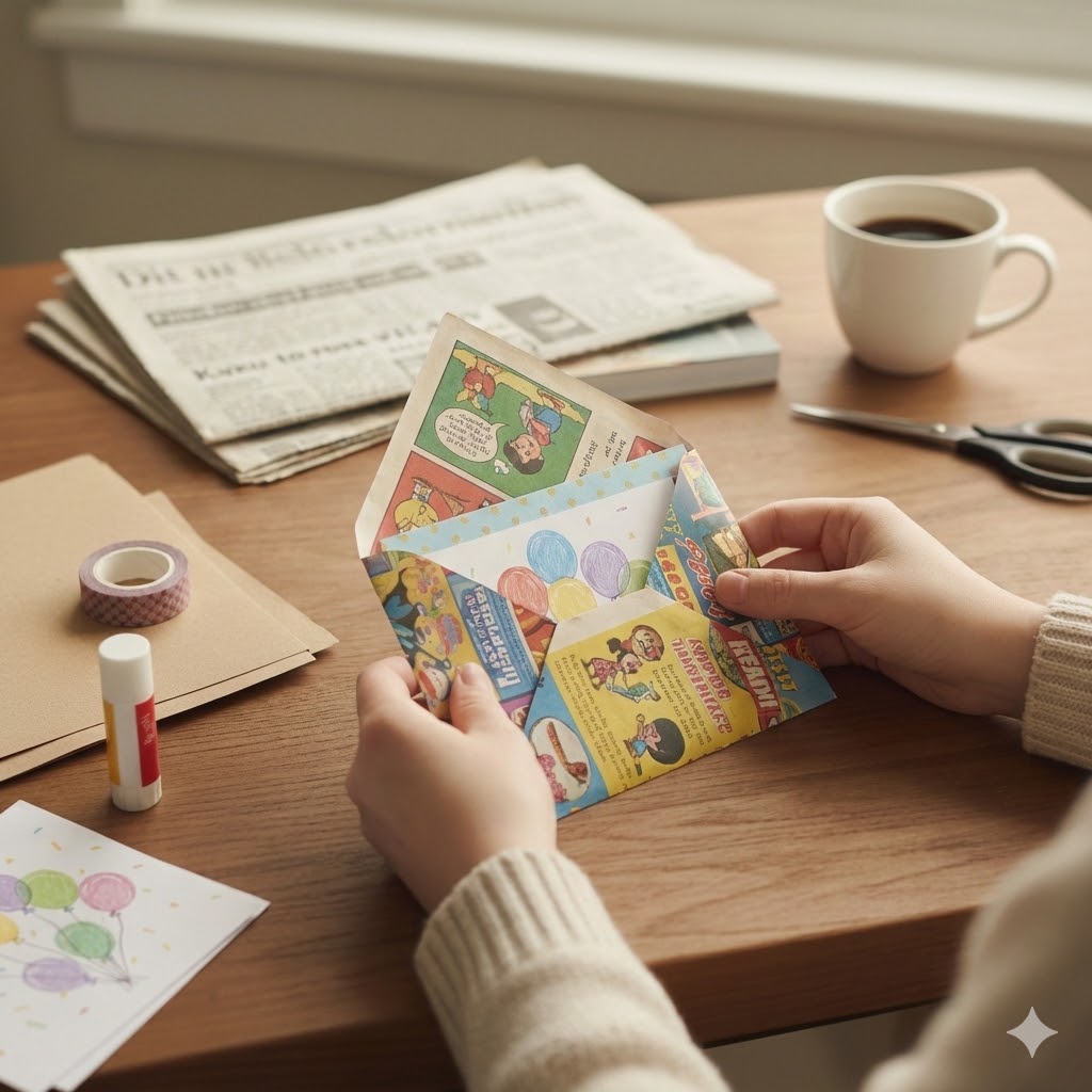 Handmade upcycled envelope from magazine paper