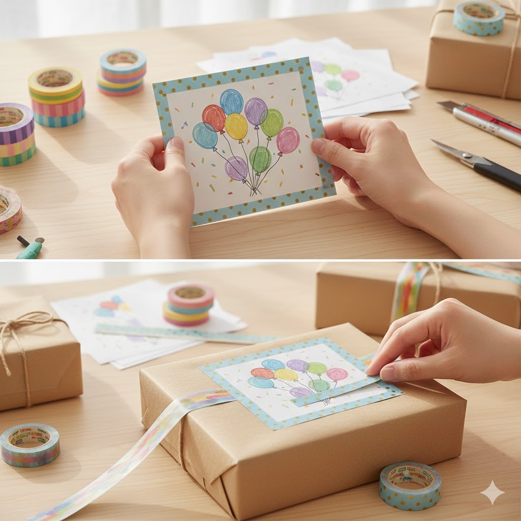 Birthday card decorated with colorful washi tape border